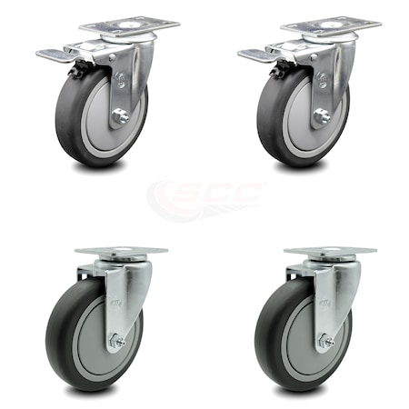 5 Inch Thermoplastic Rubber Wheel Swivel Top Plate Caster Total Lock Brake, 2PK